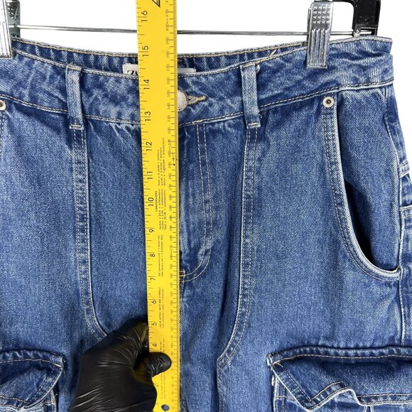 Zara Womens 6 Baggy Hi Rise Wide Leg Utility Multi Pocket Cargo Blue Denim - Picture 13 of 16